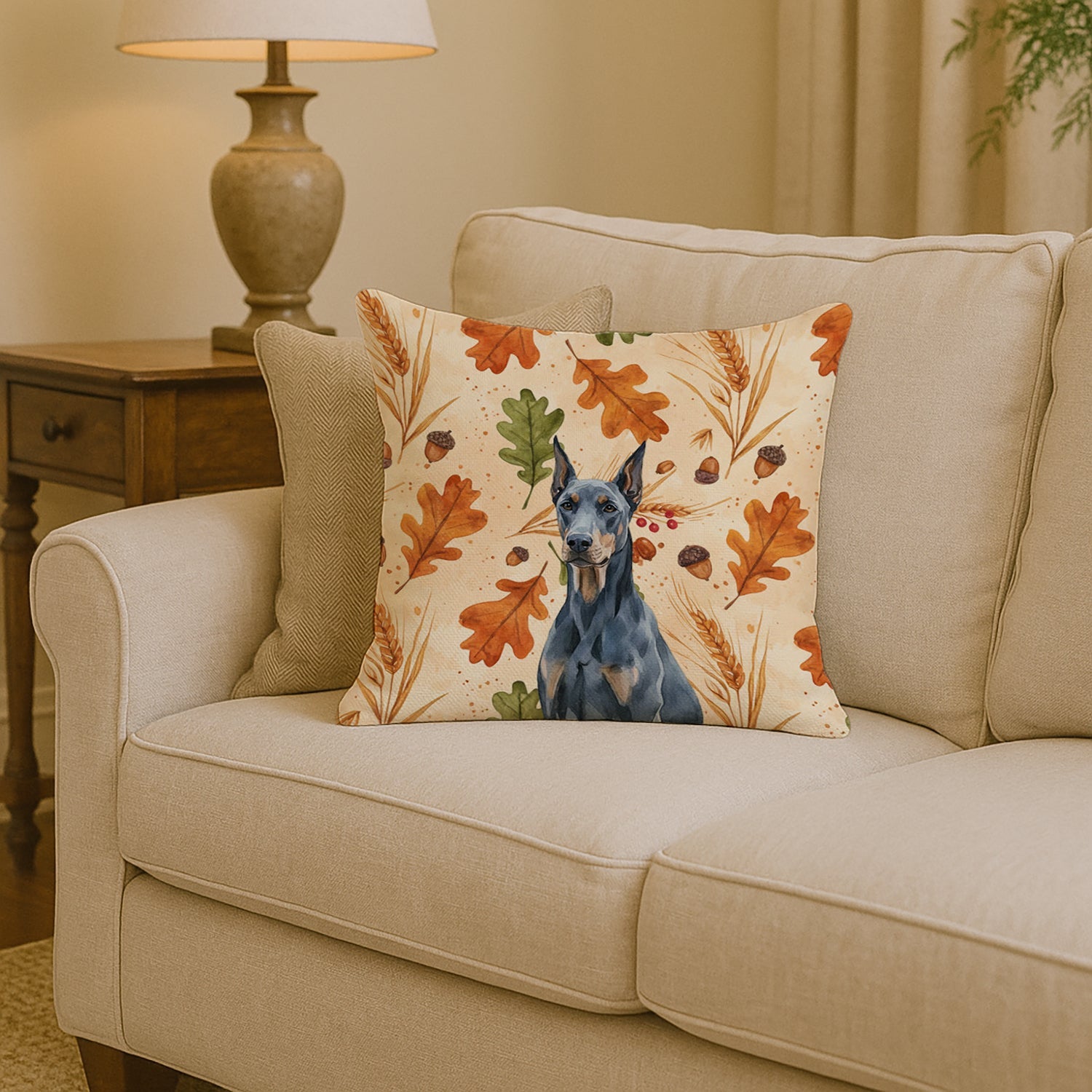 Blue Doberman Pinscher Heirloom Fall Decorative Throw Pillow 14x14 Indoor Outdoor Accent Cushion, Fabric Cover with Insert for Sofa, Bed, Porch & Living Room