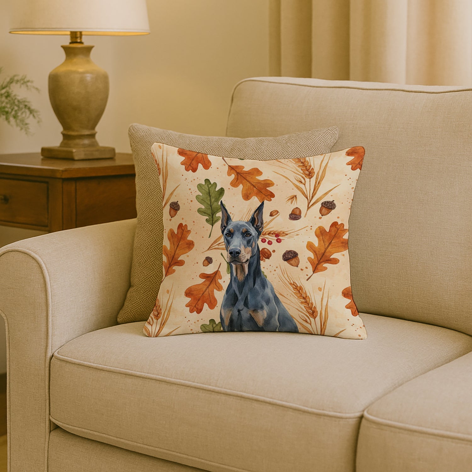 Blue Doberman Pinscher Heirloom Fall Decorative Throw Pillow 18x18 Indoor Outdoor Accent Cushion, Fabric Cover with Insert for Sofa, Bed, Porch & Living Room