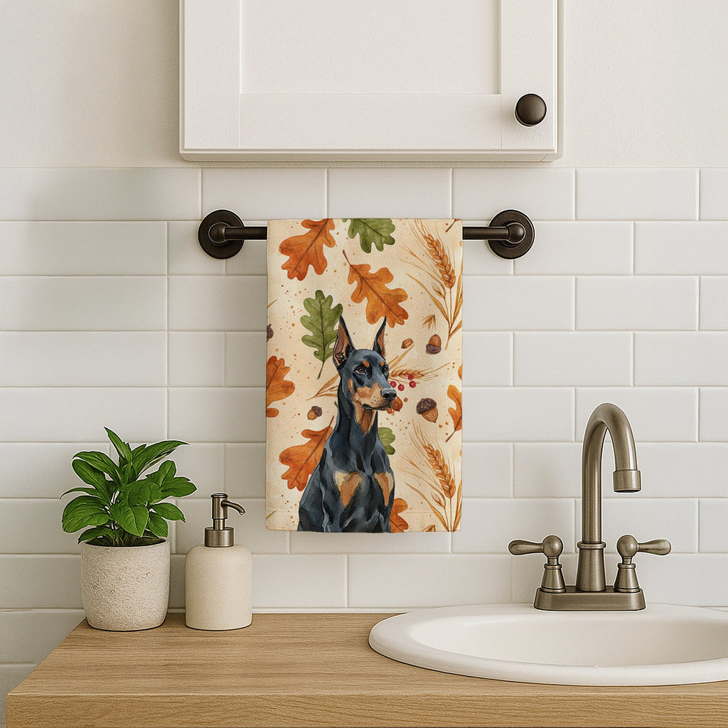 Doberman Pinscher Heirloom Fall Kitchen Towel Velour Plush Front and Cotton Loop Back Machine Washable