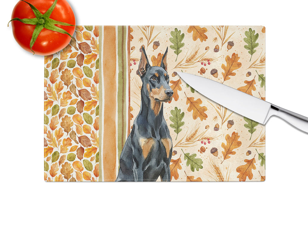 Doberman Pinscher Heirloom Fall Cutting Board Tempered Glass Kitchen Cutting Surface, Heat Resistant Chopping, Non-Slip Feet, Food Prep & Serving