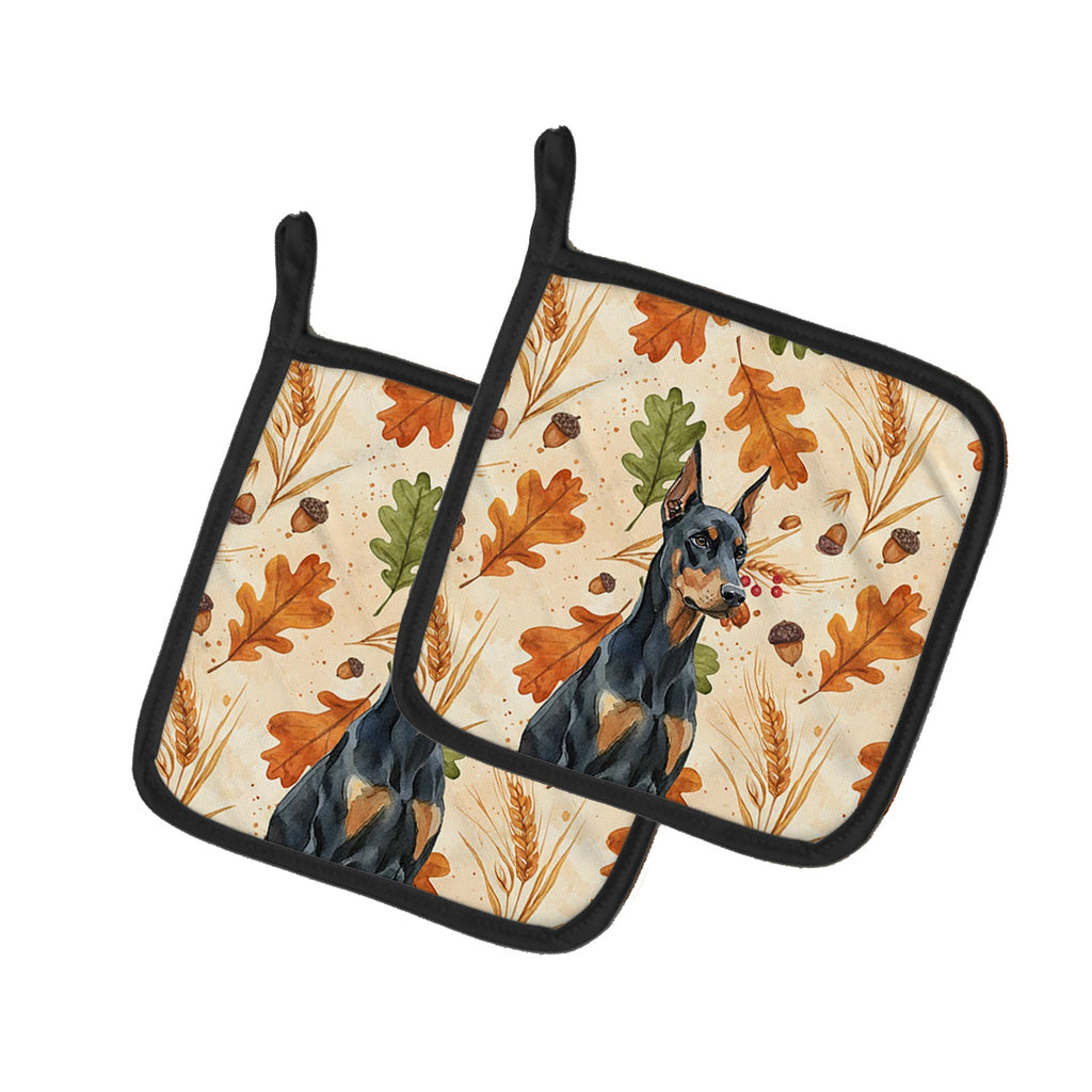 Doberman Pinscher Heirloom Fall Pot Holder Set of 2 Heat Resistant Quilted Hot Pads 7.5 x 7.5 Inch, Insulated Kitchen Trivets for Cooking & Baking