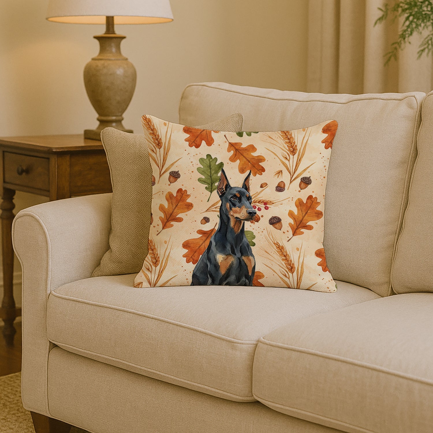 Doberman Pinscher Heirloom Fall Decorative Throw Pillow 14x14 Indoor Outdoor Accent Cushion, Fabric Cover with Insert for Sofa, Bed, Porch & Living Room