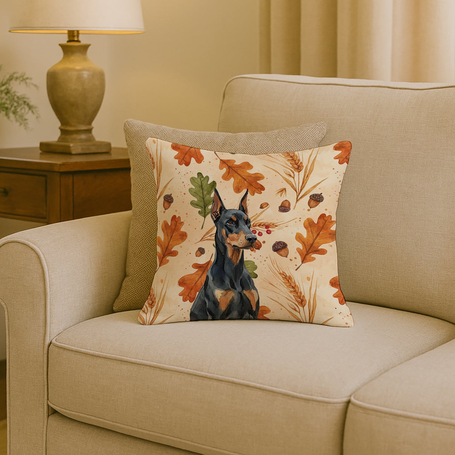 Doberman Pinscher Heirloom Fall Decorative Throw Pillow 18x18 Indoor Outdoor Accent Cushion, Fabric Cover with Insert for Sofa, Bed, Porch & Living Room