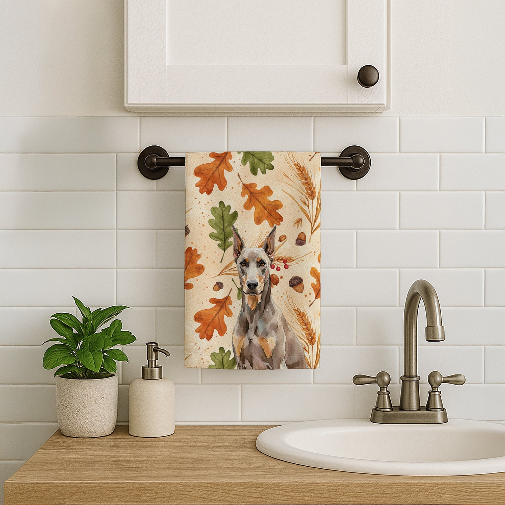 Fawn Doberman Pinscher Heirloom Fall Kitchen Towel Velour Plush Front and Cotton Loop Back Machine Washable
