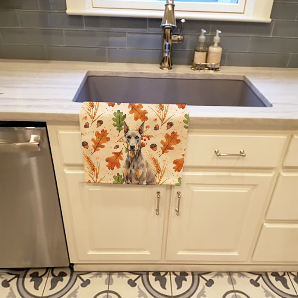 Fawn Doberman Pinscher Heirloom Fall Kitchen Towel Velour Plush Front and Cotton Loop Back Machine Washable