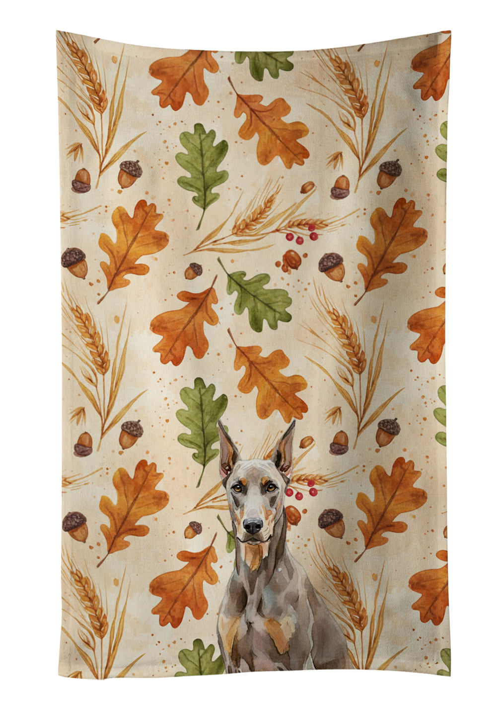 Fawn Doberman Pinscher Heirloom Fall Kitchen Towel Velour Plush Front and Cotton Loop Back Machine Washable