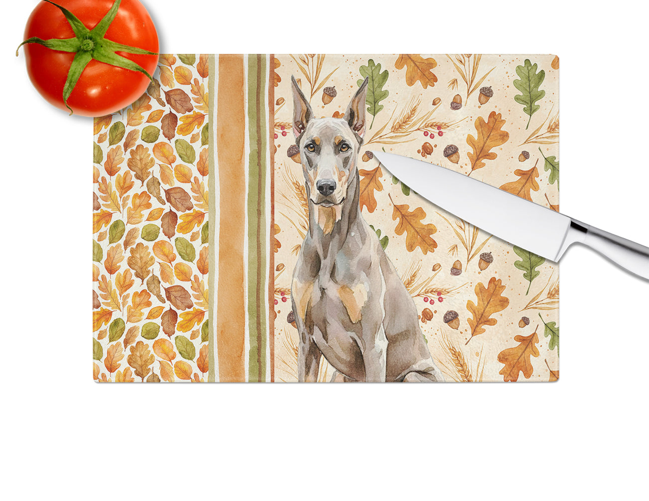 Fawn Doberman Pinscher Heirloom Fall Cutting Board Tempered Glass Kitchen Cutting Surface, Heat Resistant Chopping, Non-Slip Feet, Food Prep & Serving