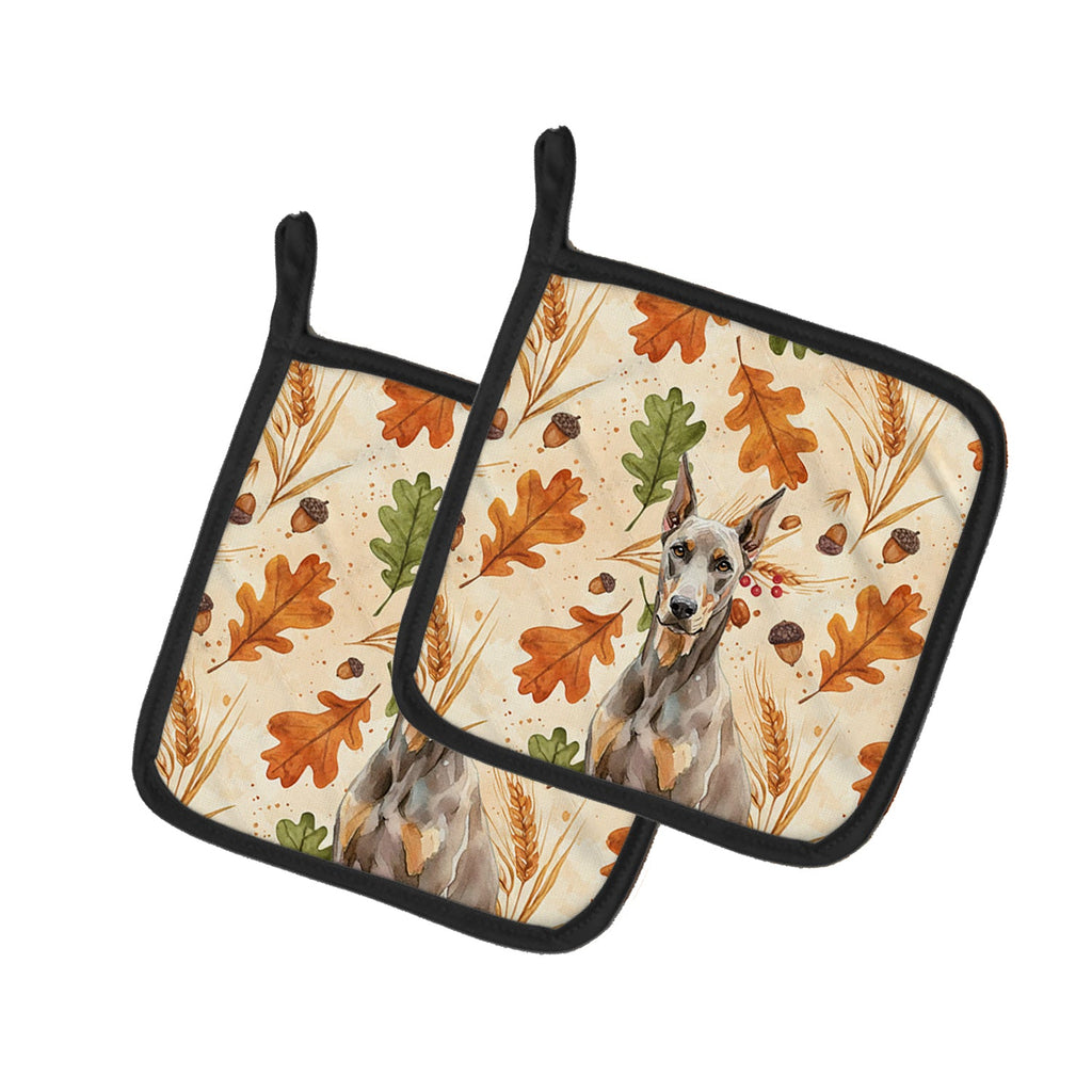 Fawn Doberman Pinscher Heirloom Fall Pot Holder Set of 2 Heat Resistant Quilted Hot Pads 7.5 x 7.5 Inch, Insulated Kitchen Trivets for Cooking & Baking