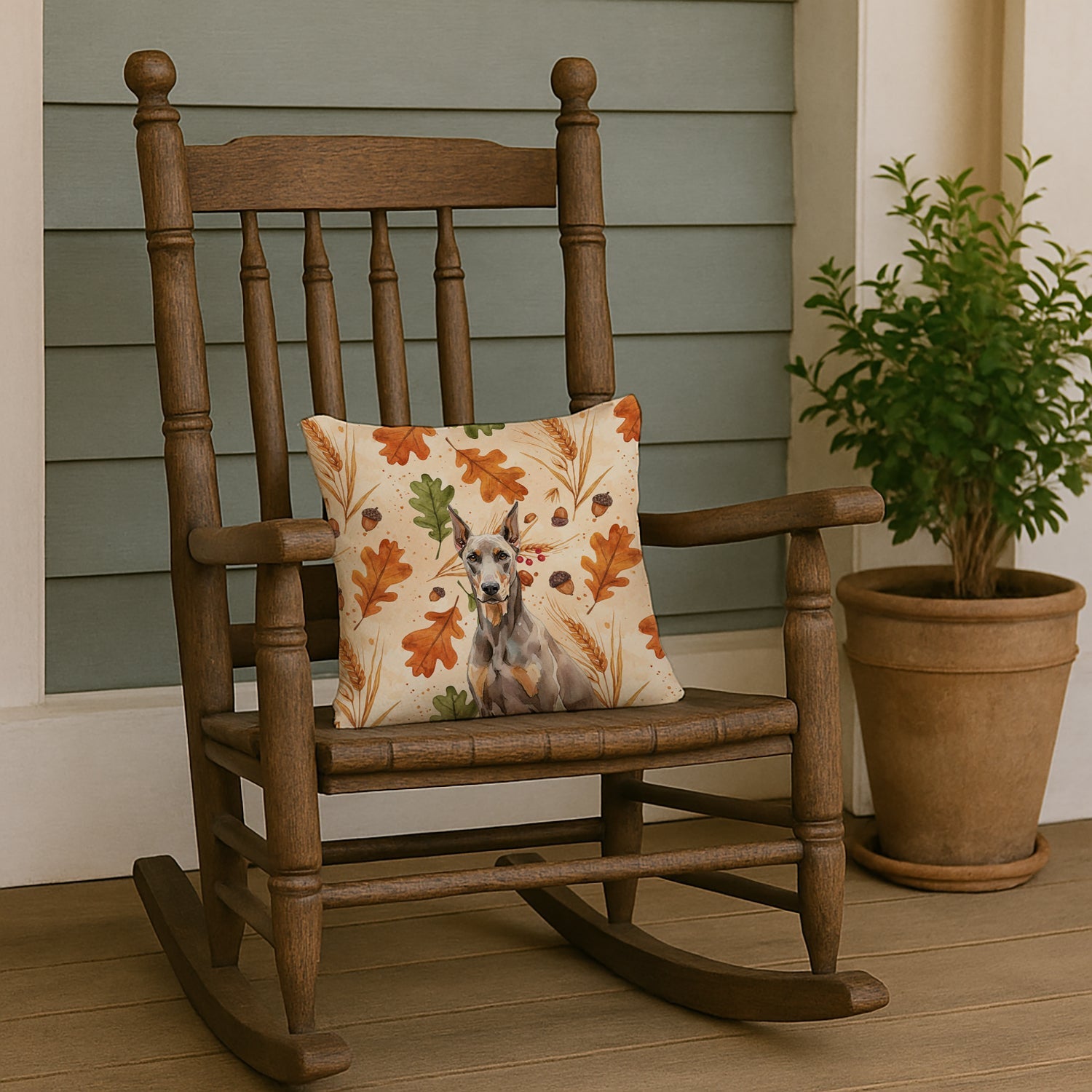 Fawn Doberman Pinscher Heirloom Fall Decorative Throw Pillow 14x14 Indoor Outdoor Accent Cushion, Fabric Cover with Insert for Sofa, Bed, Porch & Living Room