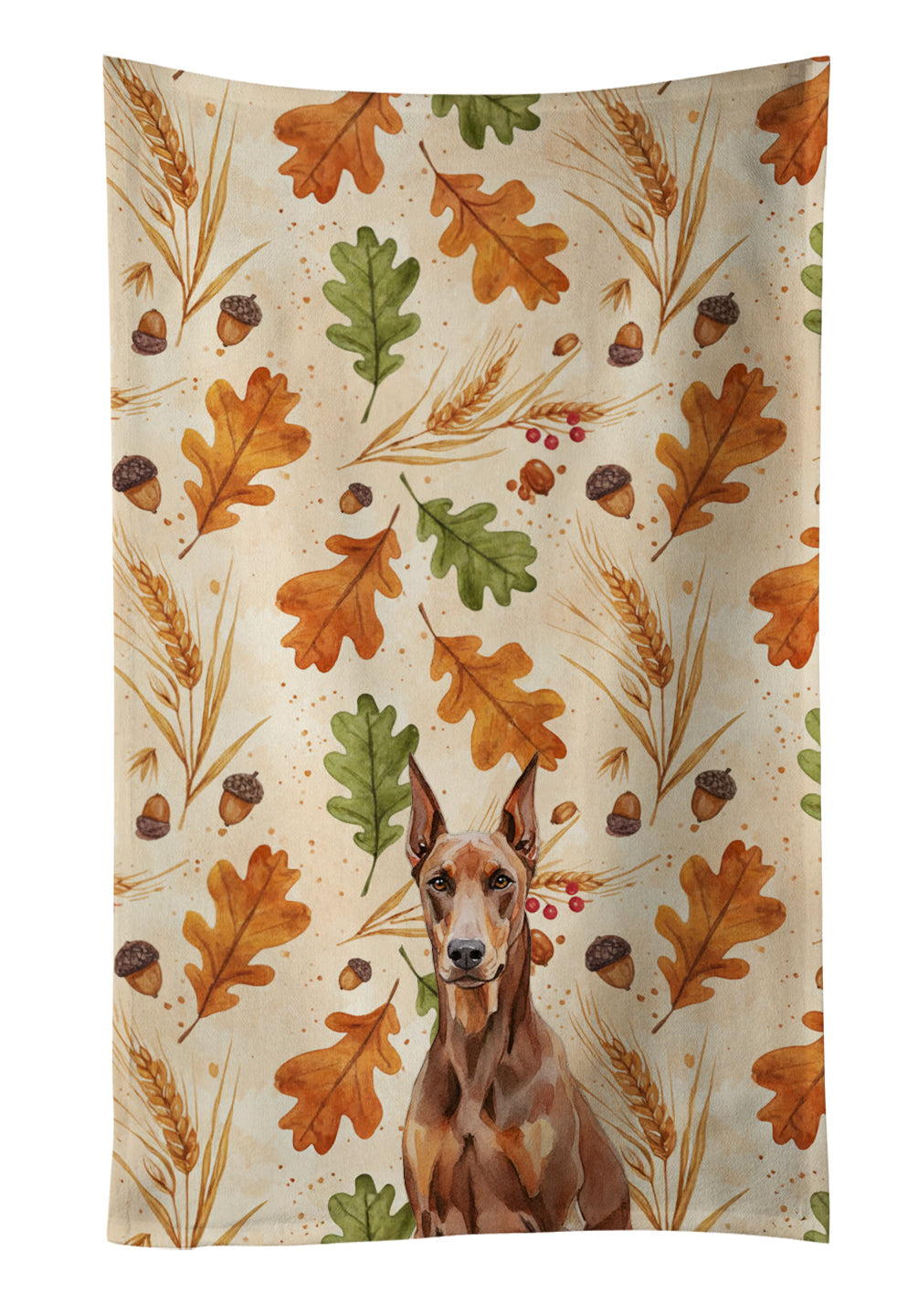 Red Doberman Pinscher Heirloom Fall Kitchen Towel Velour Plush Front and Cotton Loop Back Machine Washable