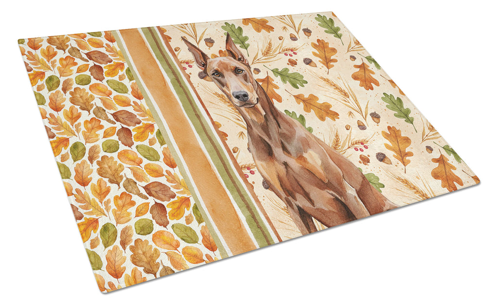 Red Doberman Pinscher Heirloom Fall Cutting Board Tempered Glass Kitchen Cutting Surface, Heat Resistant Chopping, Non-Slip Feet, Food Prep & Serving