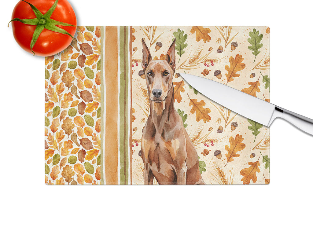 Red Doberman Pinscher Heirloom Fall Cutting Board Tempered Glass Kitchen Cutting Surface, Heat Resistant Chopping, Non-Slip Feet, Food Prep & Serving