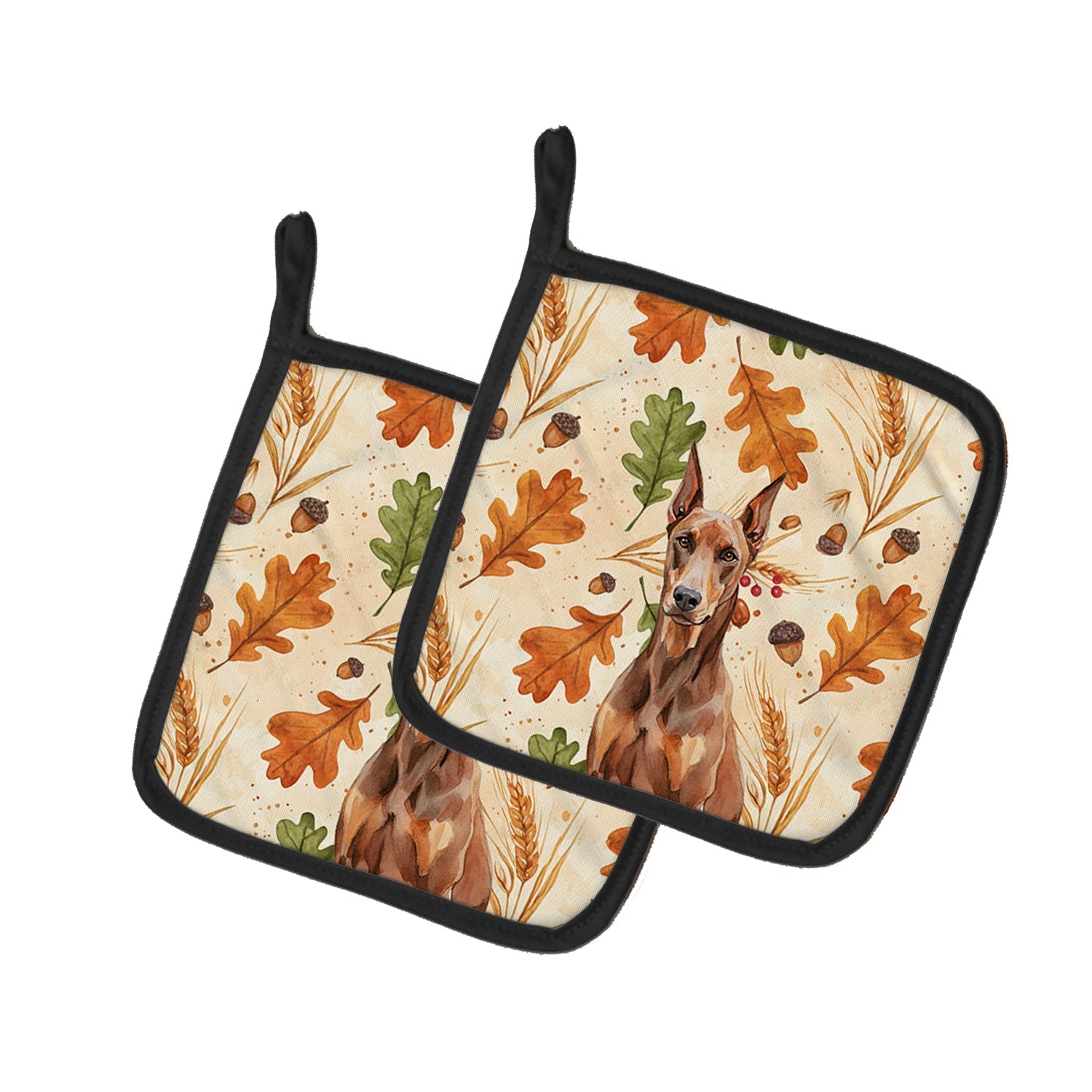 Red Doberman Pinscher Heirloom Fall Pot Holder Set of 2 Heat Resistant Quilted Hot Pads 7.5 x 7.5 Inch, Insulated Kitchen Trivets for Cooking & Baking