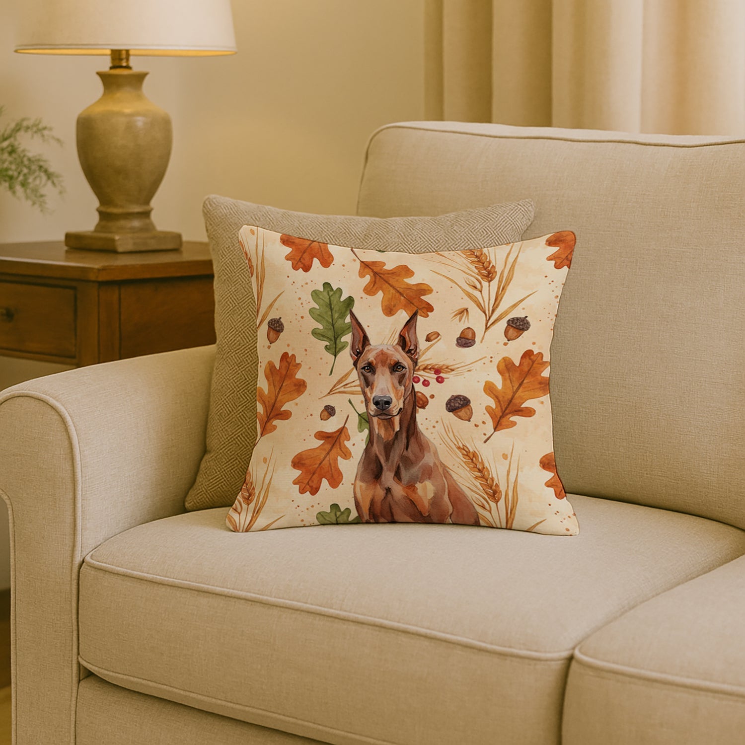 Red Doberman Pinscher Heirloom Fall Decorative Throw Pillow 18x18 Indoor Outdoor Accent Cushion, Fabric Cover with Insert for Sofa, Bed, Porch & Living Room