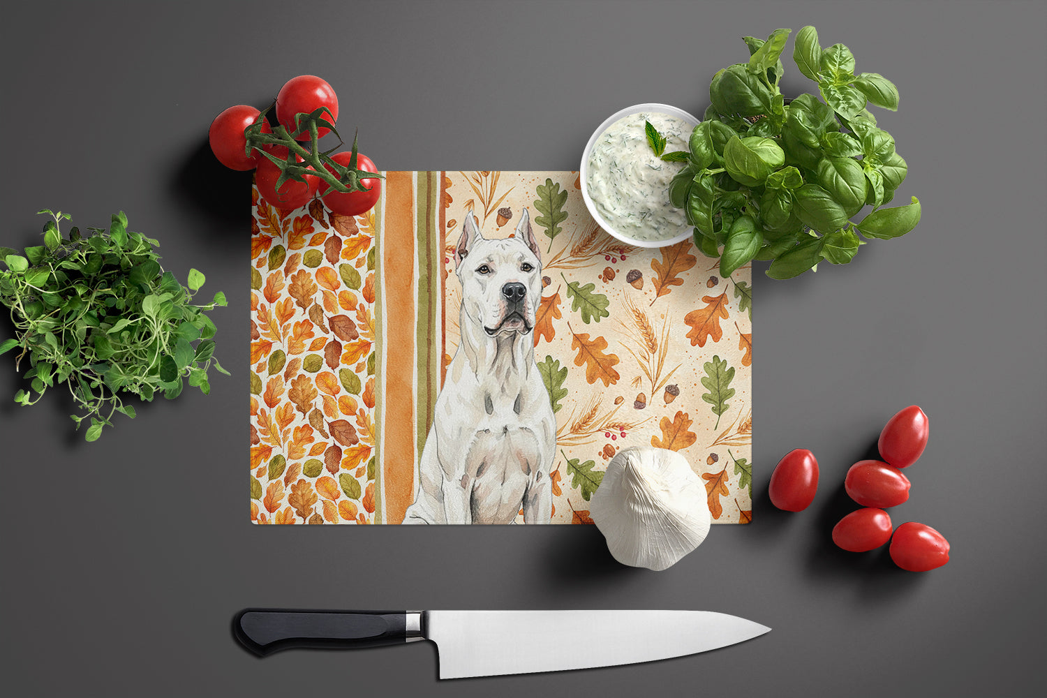 Dogo Argentino Heirloom Fall Cutting Board Tempered Glass Kitchen Cutting Surface, Heat Resistant Chopping, Non-Slip Feet, Food Prep & Serving