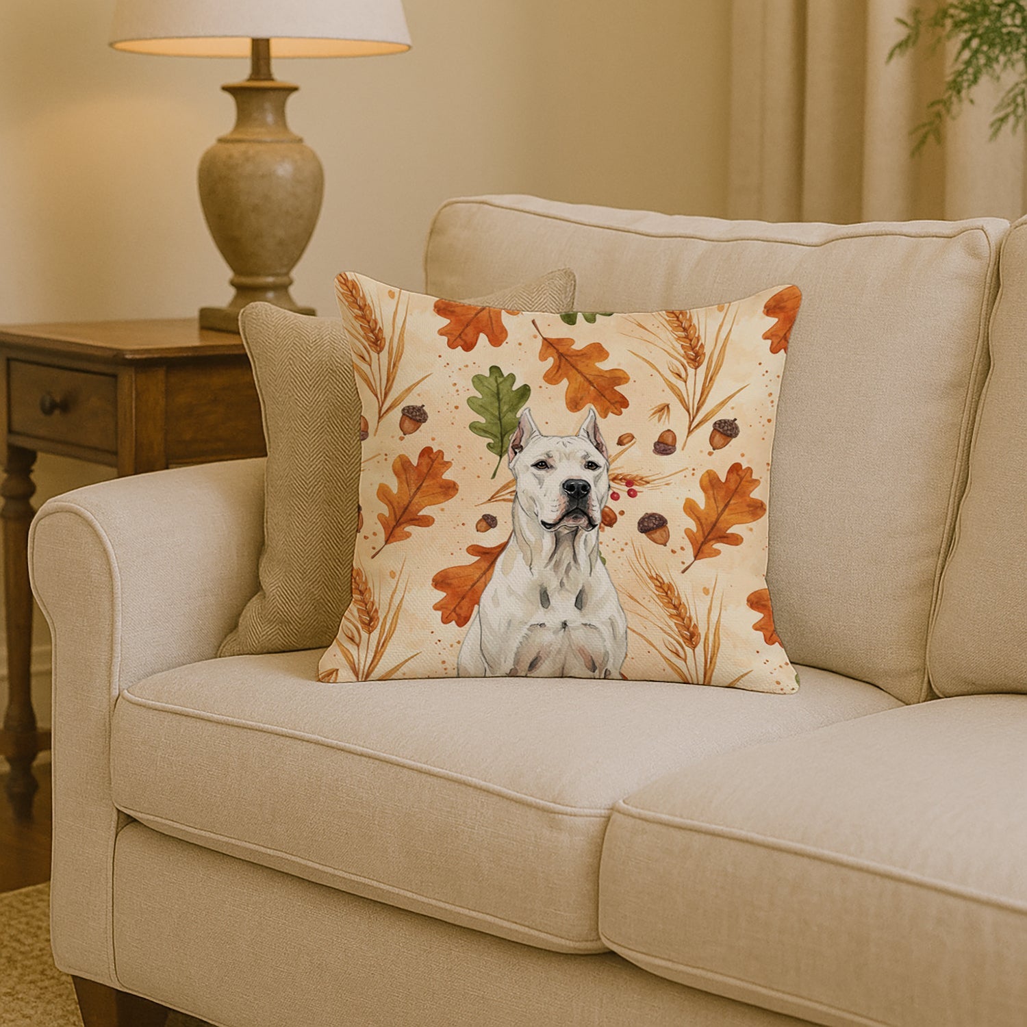 Dogo Argentino Heirloom Fall Decorative Throw Pillow 14x14 Indoor Outdoor Accent Cushion, Fabric Cover with Insert for Sofa, Bed, Porch & Living Room