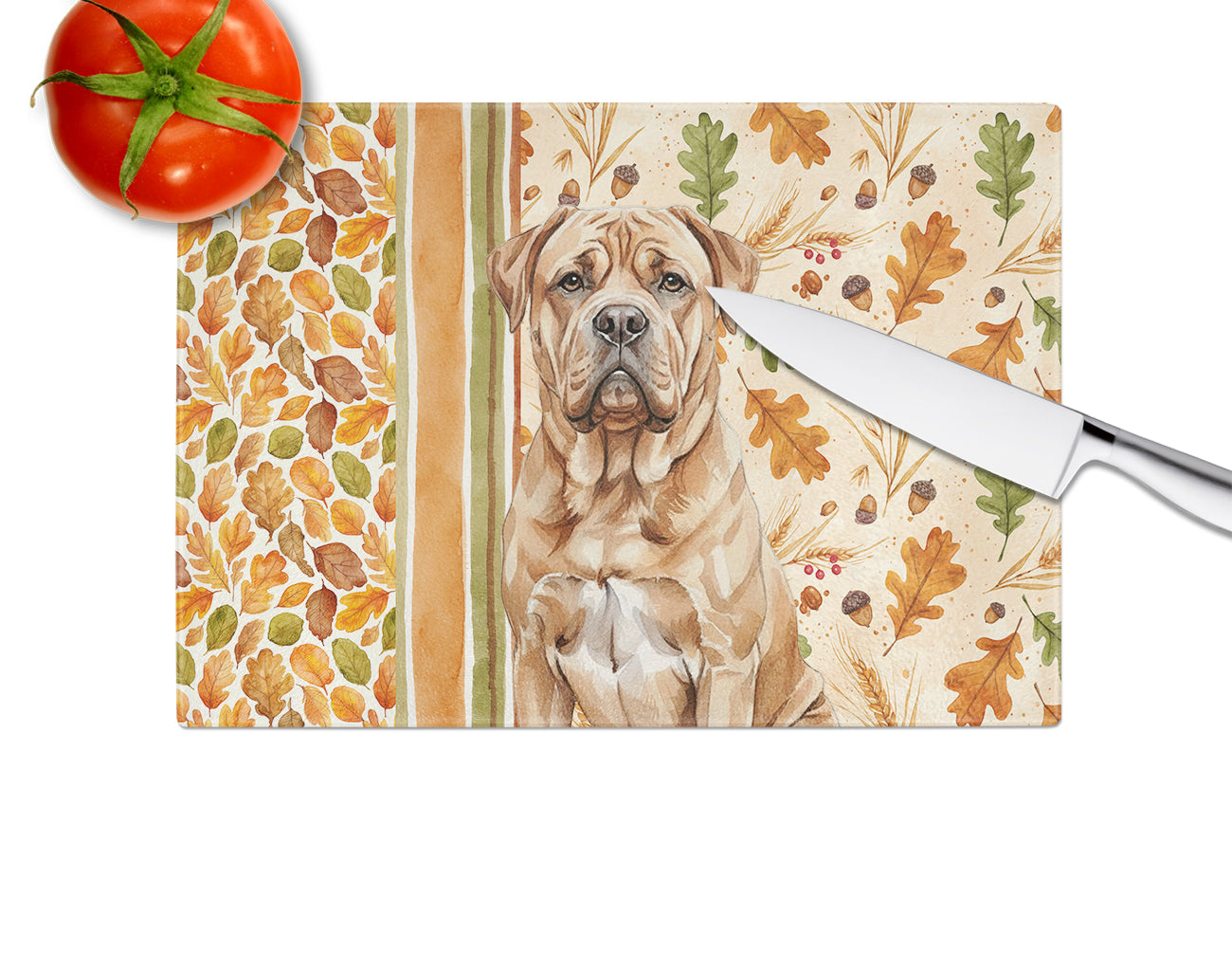 Dogue de Bordeaux Heirloom Fall Cutting Board Tempered Glass Kitchen Cutting Surface, Heat Resistant Chopping, Non-Slip Feet, Food Prep & Serving