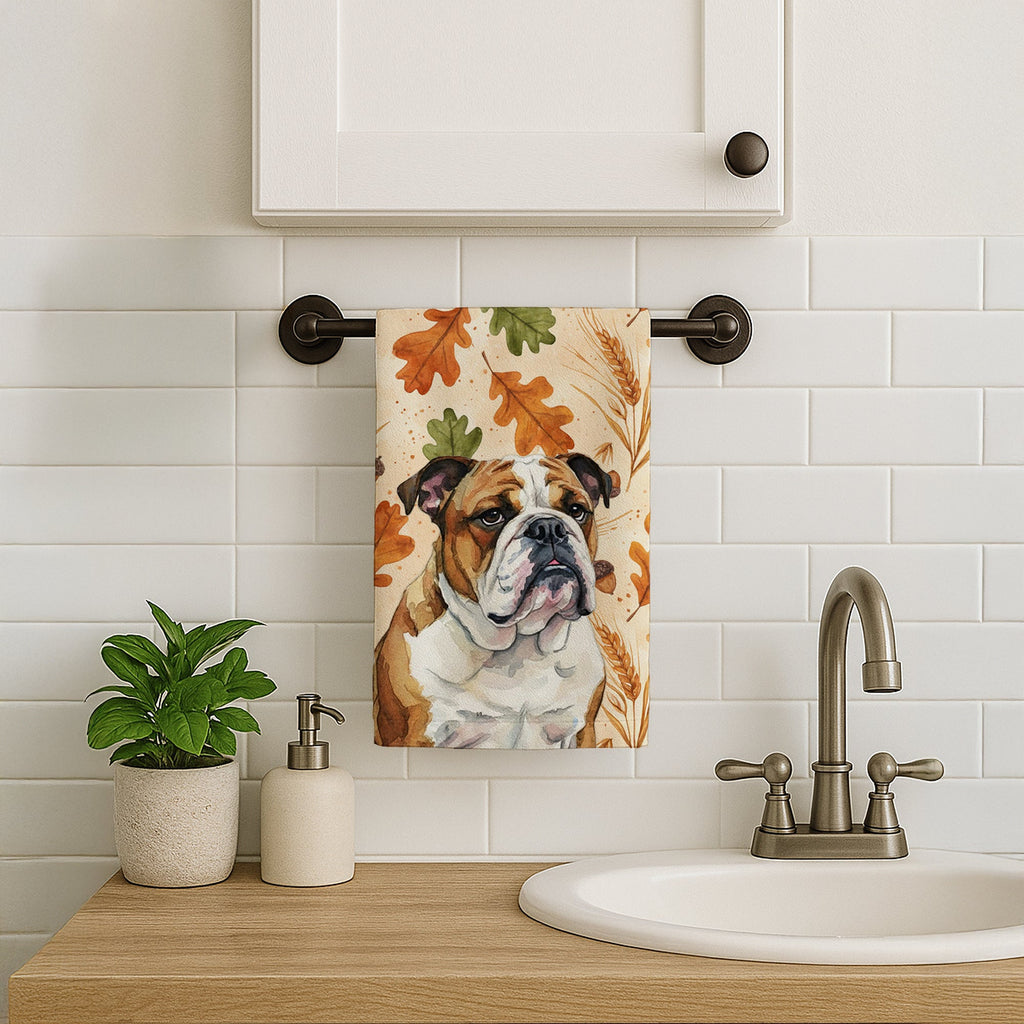 Brindle and White English Bulldog Heirloom Fall Kitchen Towel Velour Plush Front and Cotton Loop Back Machine Washable