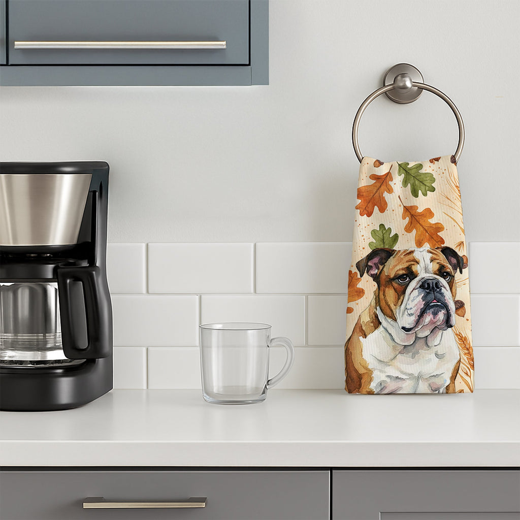 Brindle and White English Bulldog Heirloom Fall Kitchen Towel Velour Plush Front and Cotton Loop Back Machine Washable