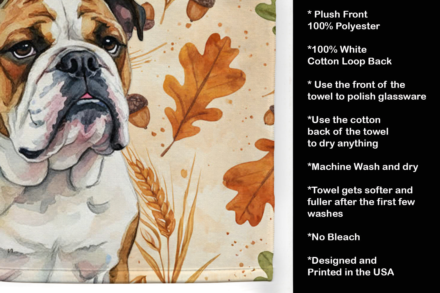 Brindle and White English Bulldog Heirloom Fall Kitchen Towel Velour Plush Front and Cotton Loop Back Machine Washable