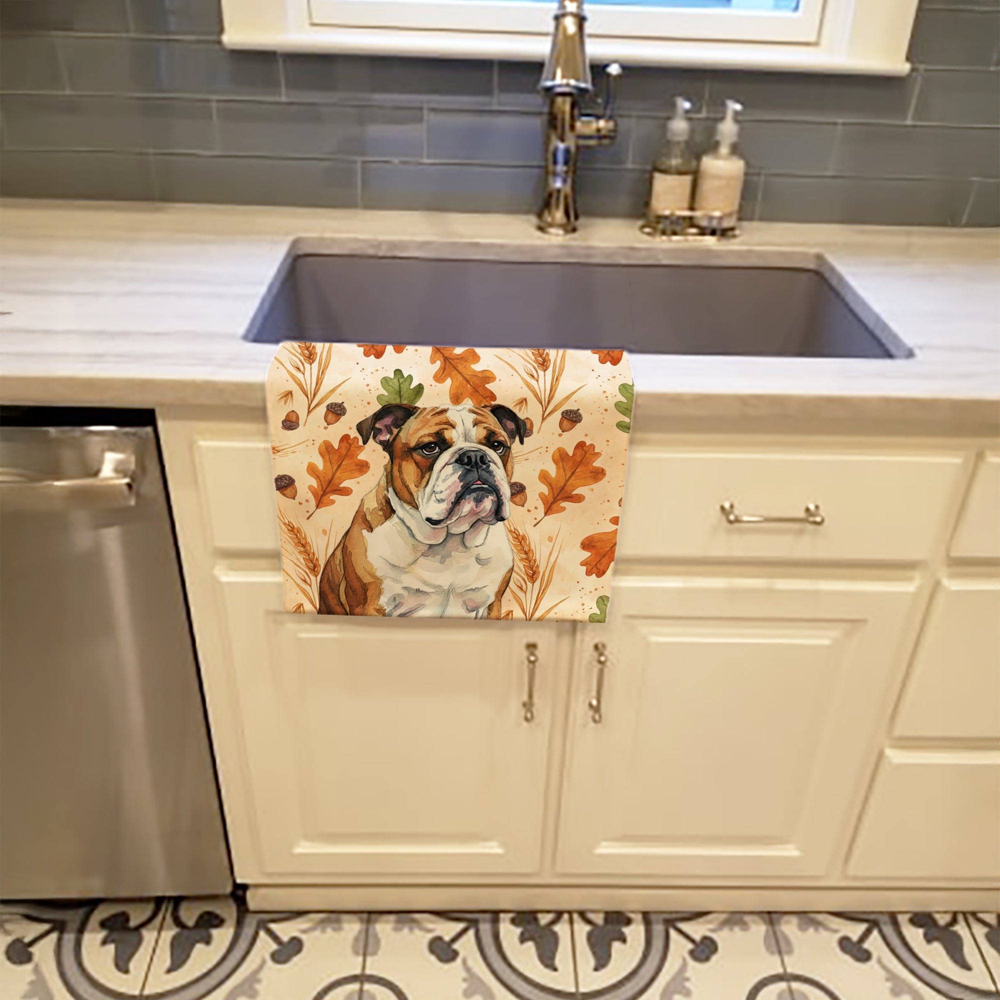 Brindle and White English Bulldog Heirloom Fall Kitchen Towel Velour Plush Front and Cotton Loop Back Machine Washable
