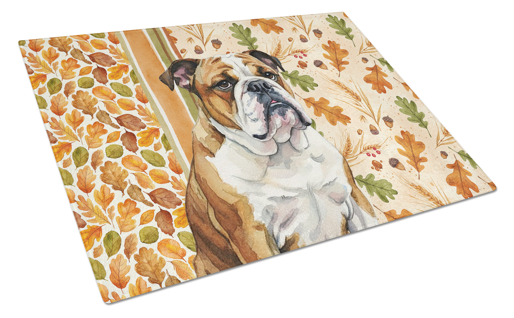 Brindle and White English Bulldog Heirloom Fall Cutting Board Tempered Glass Kitchen Cutting Surface, Heat Resistant Chopping, Non-Slip Feet, Food Prep & Serving