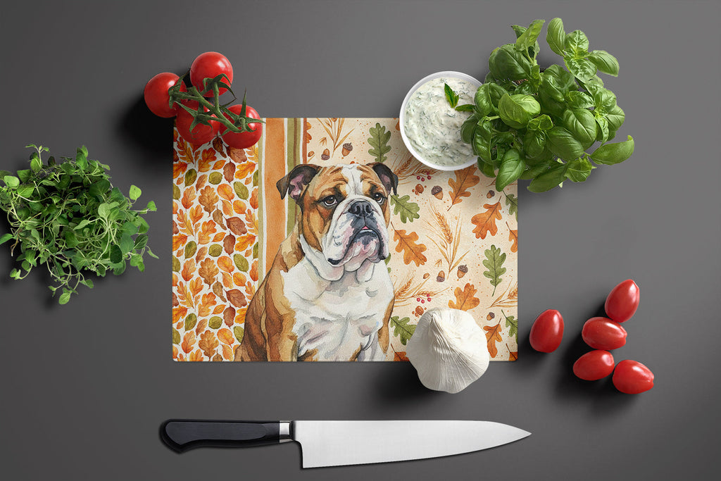 Brindle and White English Bulldog Heirloom Fall Cutting Board Tempered Glass Kitchen Cutting Surface, Heat Resistant Chopping, Non-Slip Feet, Food Prep & Serving