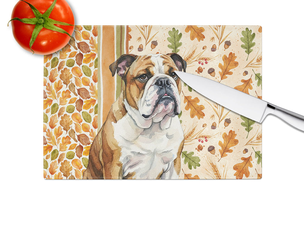 Brindle and White English Bulldog Heirloom Fall Cutting Board Tempered Glass Kitchen Cutting Surface, Heat Resistant Chopping, Non-Slip Feet, Food Prep & Serving