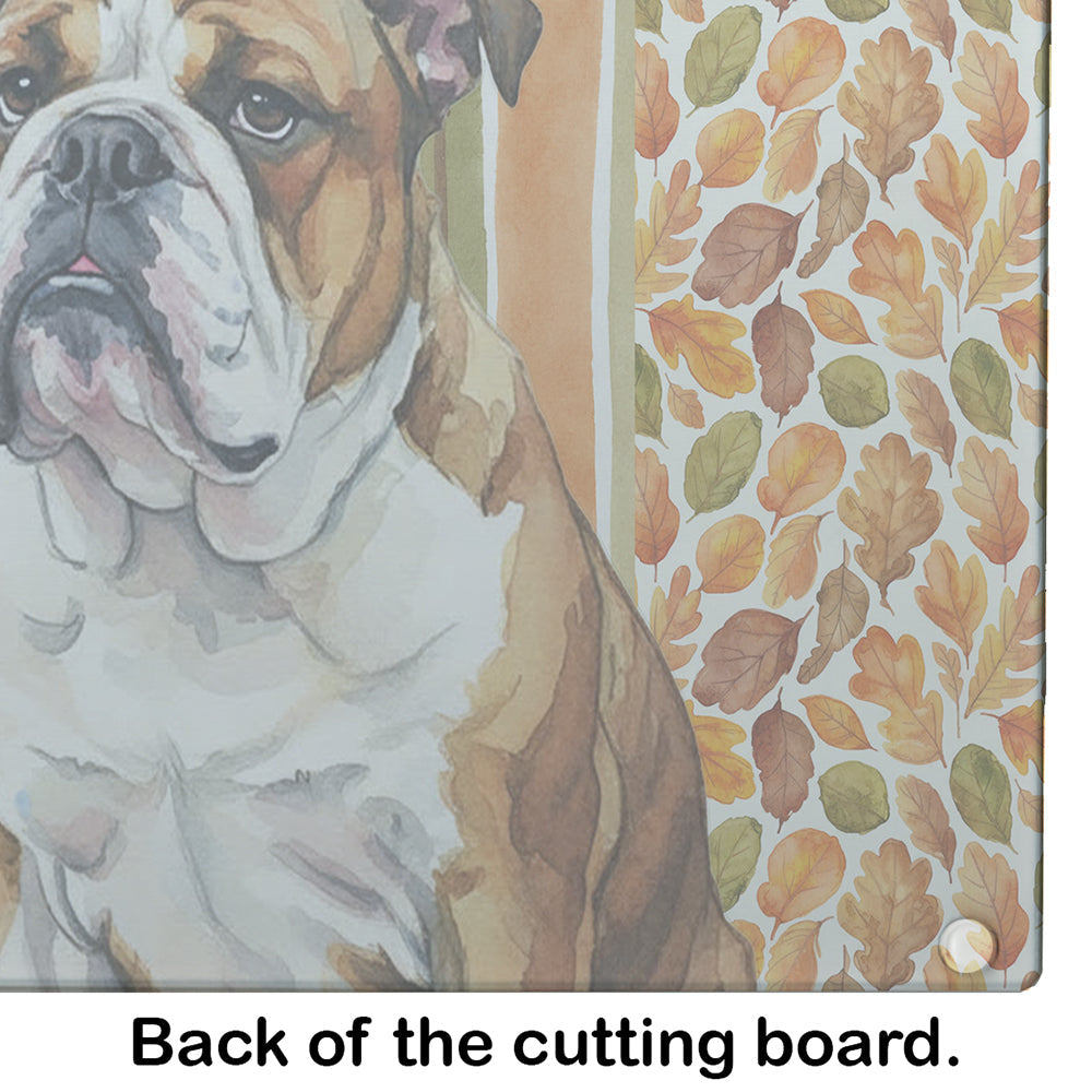 Brindle and White English Bulldog Heirloom Fall Cutting Board Tempered Glass Kitchen Cutting Surface, Heat Resistant Chopping, Non-Slip Feet, Food Prep & Serving