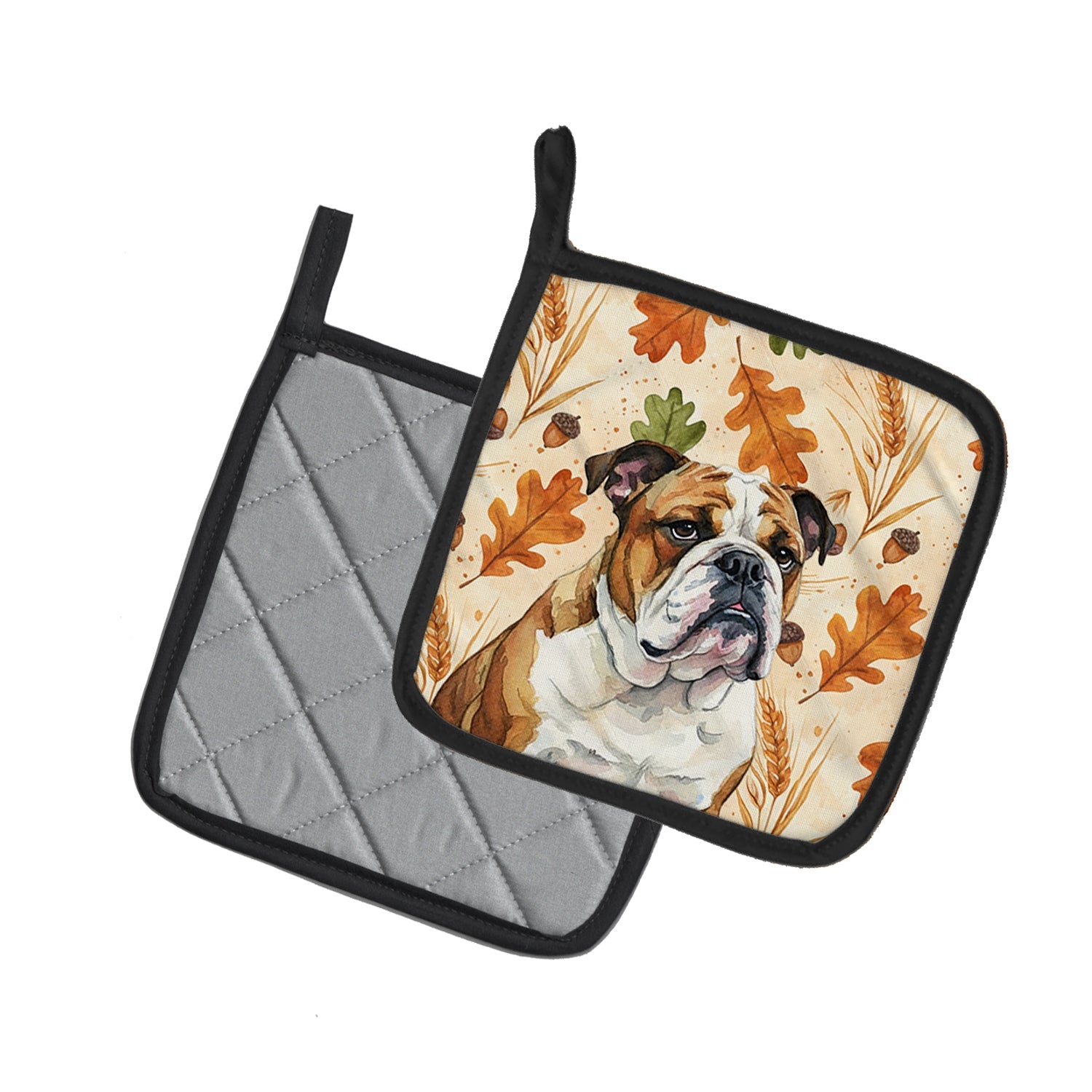 Brindle and White English Bulldog Heirloom Fall Pot Holder Set of 2 Heat Resistant Quilted Hot Pads 7.5 x 7.5 Inch, Insulated Kitchen Trivets for Cooking & Baking