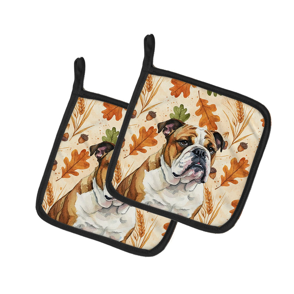 Brindle and White English Bulldog Heirloom Fall Pot Holder Set of 2 Heat Resistant Quilted Hot Pads 7.5 x 7.5 Inch, Insulated Kitchen Trivets for Cooking & Baking