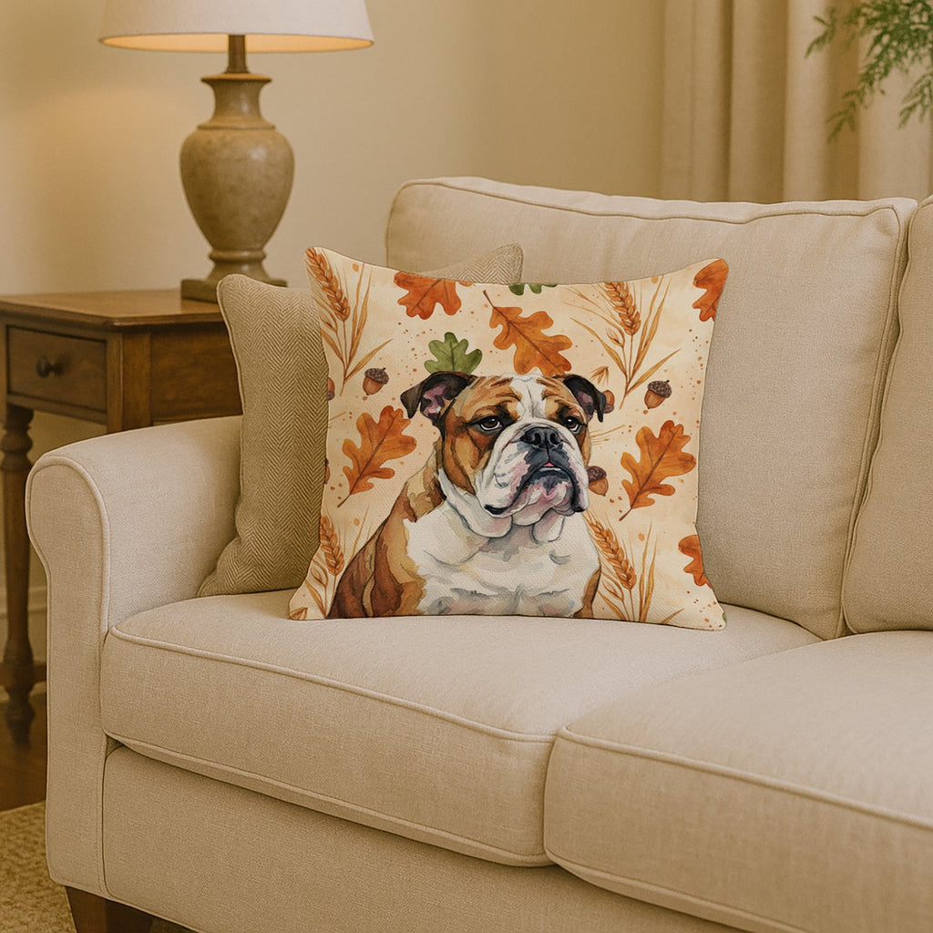 Brindle and White English Bulldog Heirloom Fall Decorative Throw Pillow 14x14 Indoor Outdoor Accent Cushion, Fabric Cover with Insert for Sofa, Bed, Porch & Living Room
