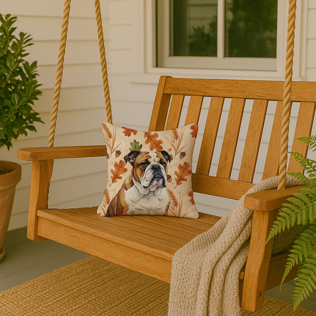 Brindle and White English Bulldog Heirloom Fall Decorative Throw Pillow 14x14 Indoor Outdoor Accent Cushion, Fabric Cover with Insert for Sofa, Bed, Porch & Living Room