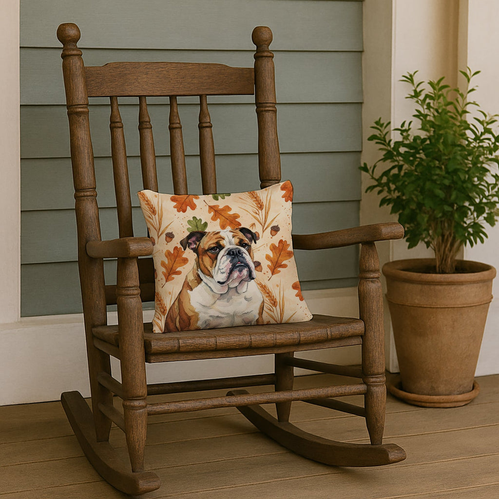 Brindle and White English Bulldog Heirloom Fall Decorative Throw Pillow 14x14 Indoor Outdoor Accent Cushion, Fabric Cover with Insert for Sofa, Bed, Porch & Living Room