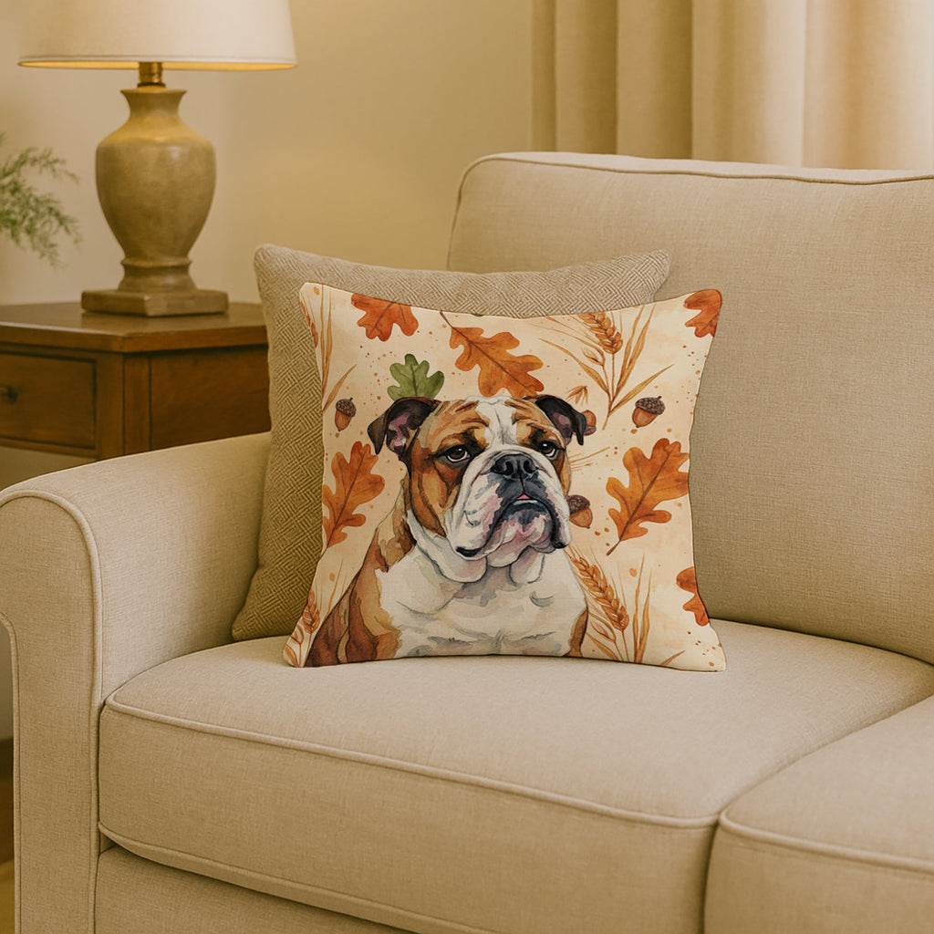 Brindle and White English Bulldog Heirloom Fall Decorative Throw Pillow 18x18 Indoor Outdoor Accent Cushion, Fabric Cover with Insert for Sofa, Bed, Porch & Living Room