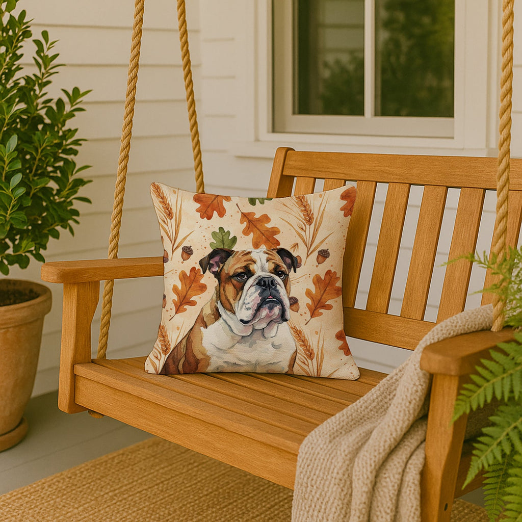 Brindle and White English Bulldog Heirloom Fall Decorative Throw Pillow 18x18 Indoor Outdoor Accent Cushion, Fabric Cover with Insert for Sofa, Bed, Porch & Living Room