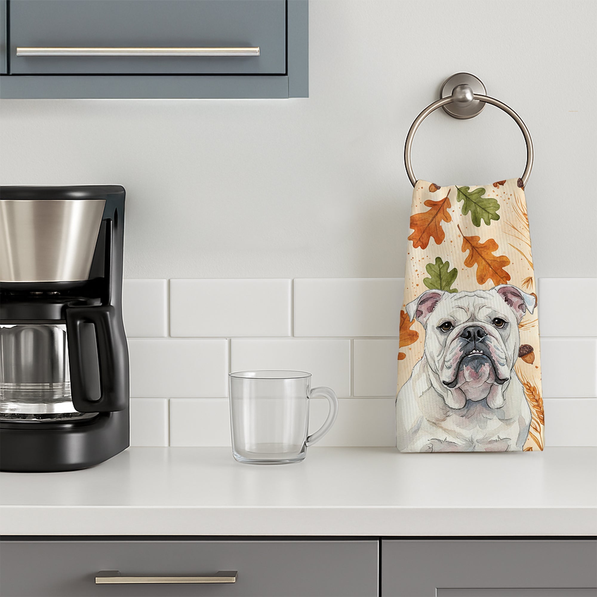 White English Bulldog Heirloom Fall Kitchen Towel Velour Plush Front and Cotton Loop Back Machine Washable