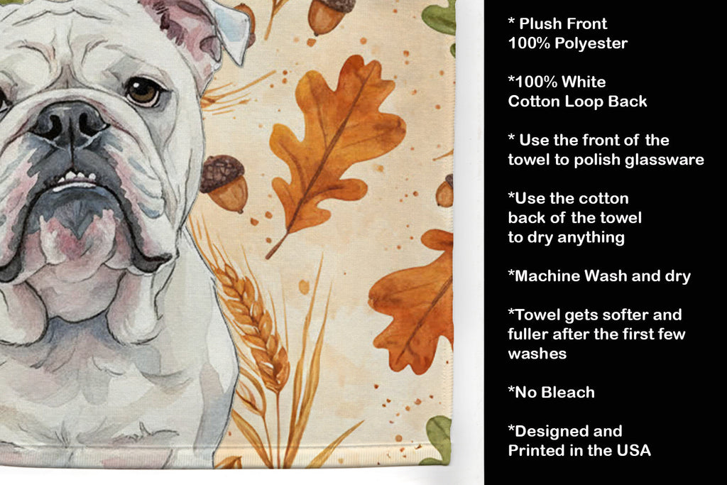 White English Bulldog Heirloom Fall Kitchen Towel Velour Plush Front and Cotton Loop Back Machine Washable