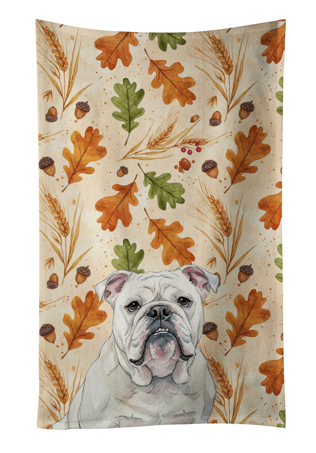 White English Bulldog Heirloom Fall Kitchen Towel Velour Plush Front and Cotton Loop Back Machine Washable
