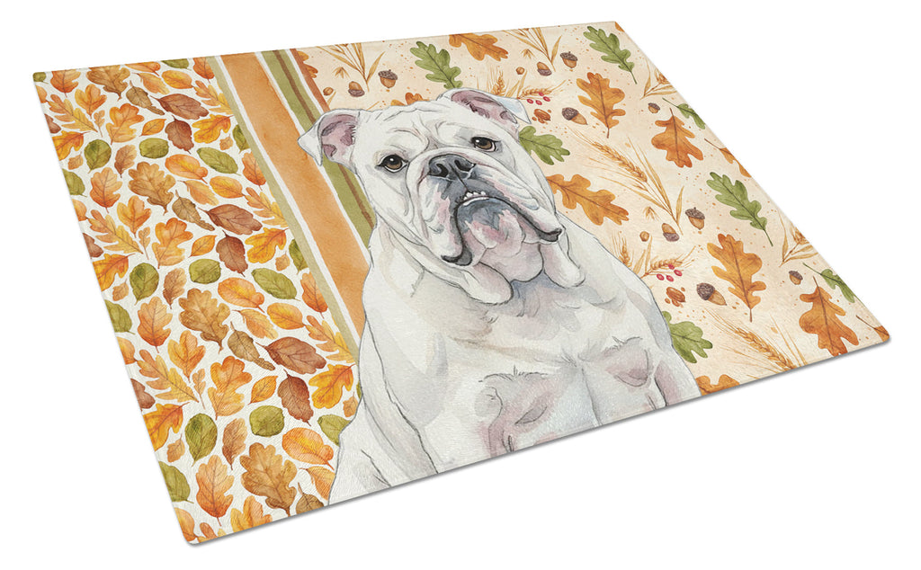 White English Bulldog Heirloom Fall Cutting Board Tempered Glass Kitchen Cutting Surface, Heat Resistant Chopping, Non-Slip Feet, Food Prep & Serving