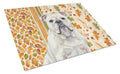 White English Bulldog Heirloom Fall Cutting Board Tempered Glass Kitchen Cutting Surface, Heat Resistant Chopping, Non-Slip Feet, Food Prep & Serving