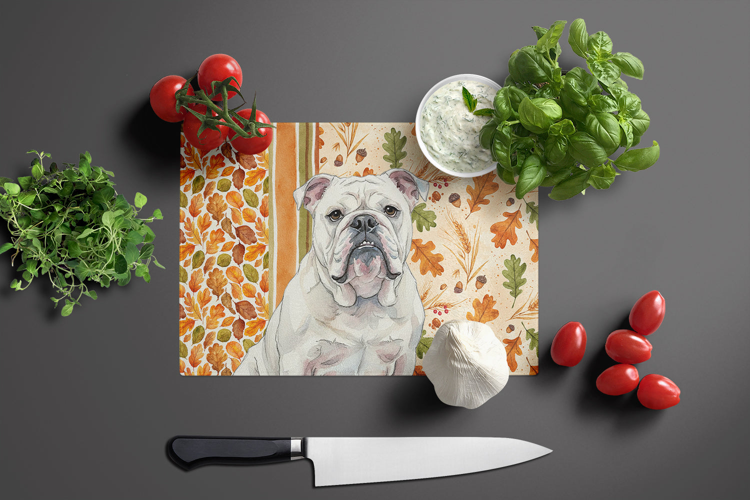 White English Bulldog Heirloom Fall Cutting Board Tempered Glass Kitchen Cutting Surface, Heat Resistant Chopping, Non-Slip Feet, Food Prep & Serving