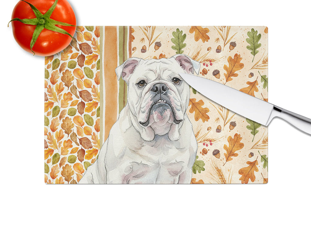 White English Bulldog Heirloom Fall Cutting Board Tempered Glass Kitchen Cutting Surface, Heat Resistant Chopping, Non-Slip Feet, Food Prep & Serving