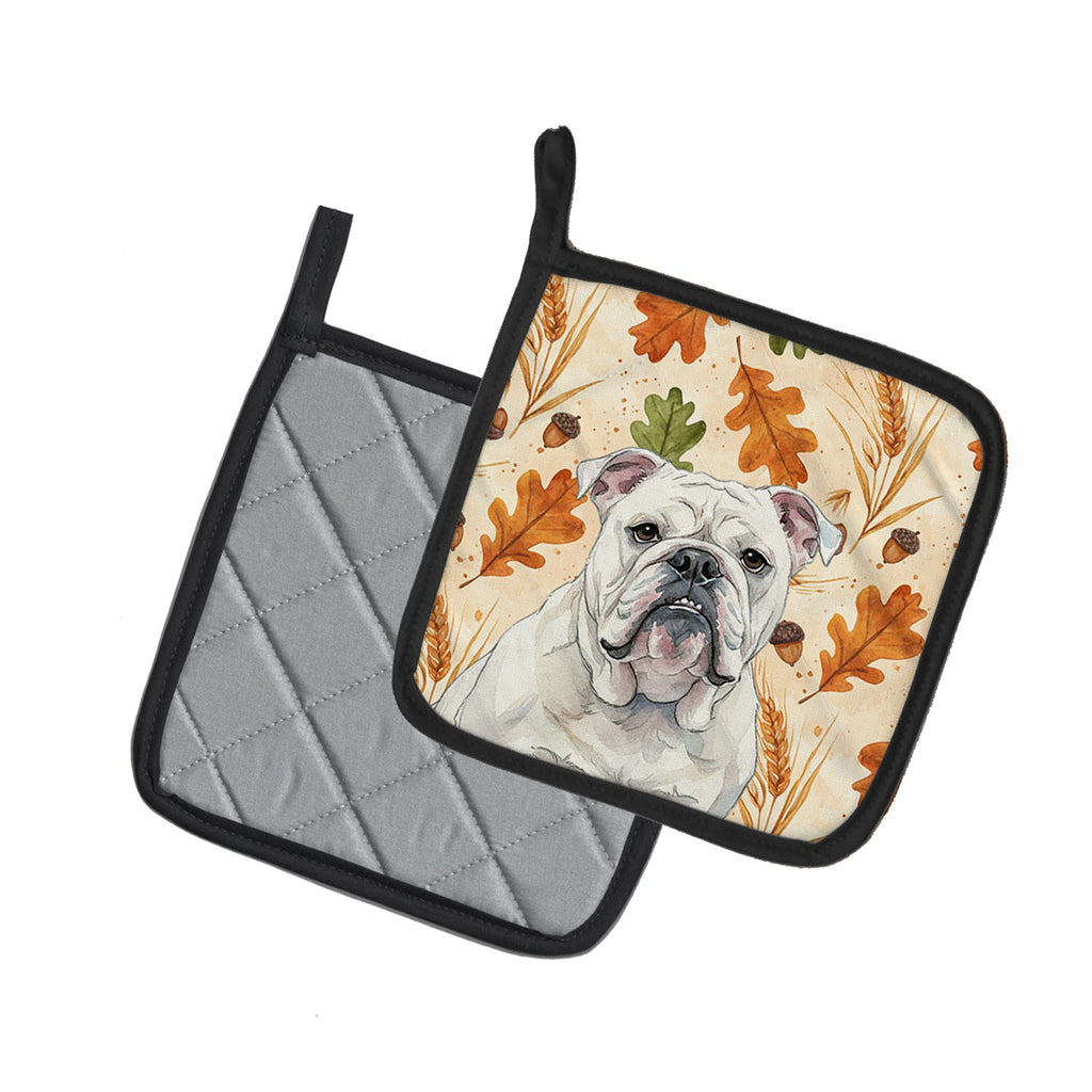 White English Bulldog Heirloom Fall Pot Holder Set of 2 Heat Resistant Quilted Hot Pads 7.5 x 7.5 Inch, Insulated Kitchen Trivets for Cooking & Baking