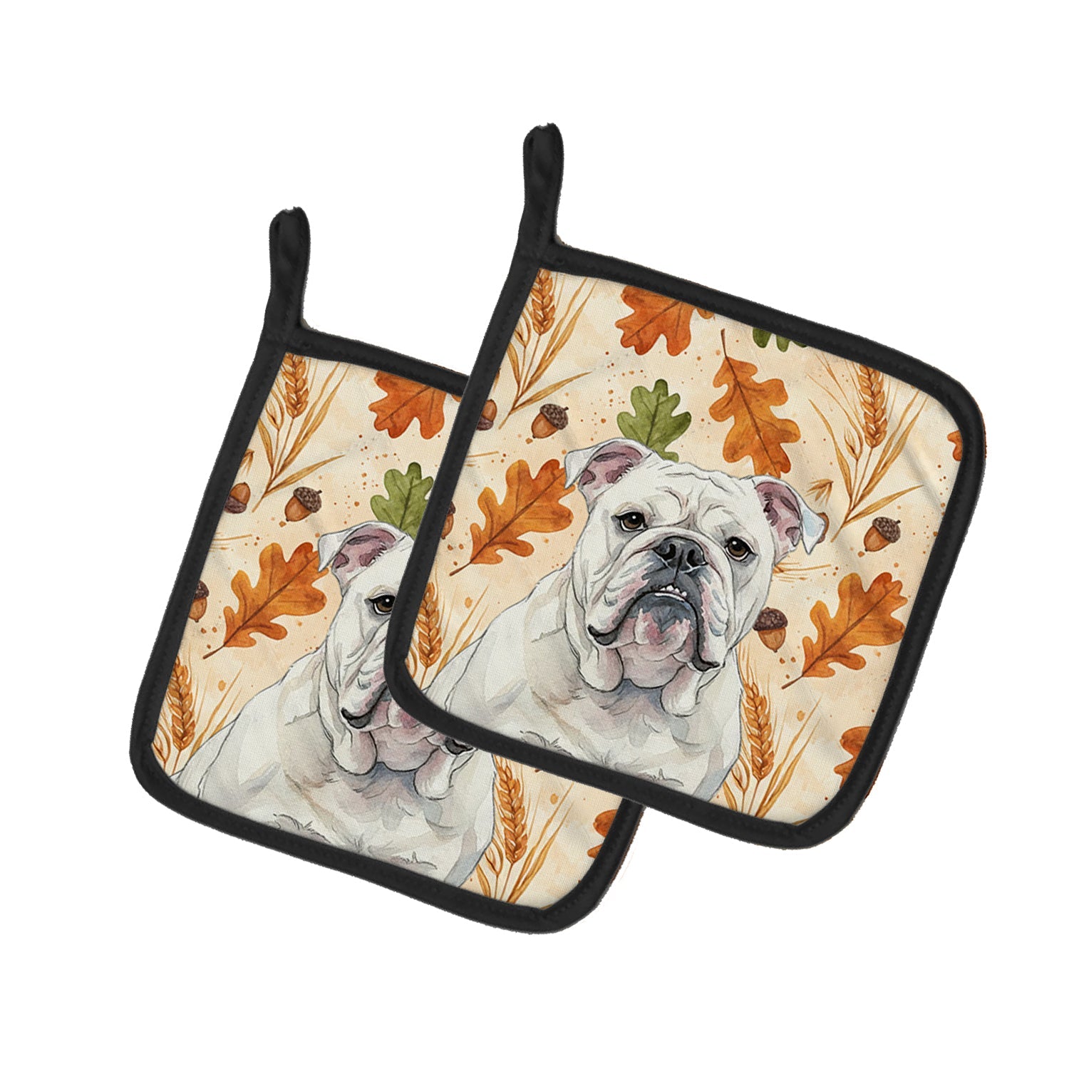 White English Bulldog Heirloom Fall Pot Holder Set of 2 Heat Resistant Quilted Hot Pads 7.5 x 7.5 Inch, Insulated Kitchen Trivets for Cooking & Baking