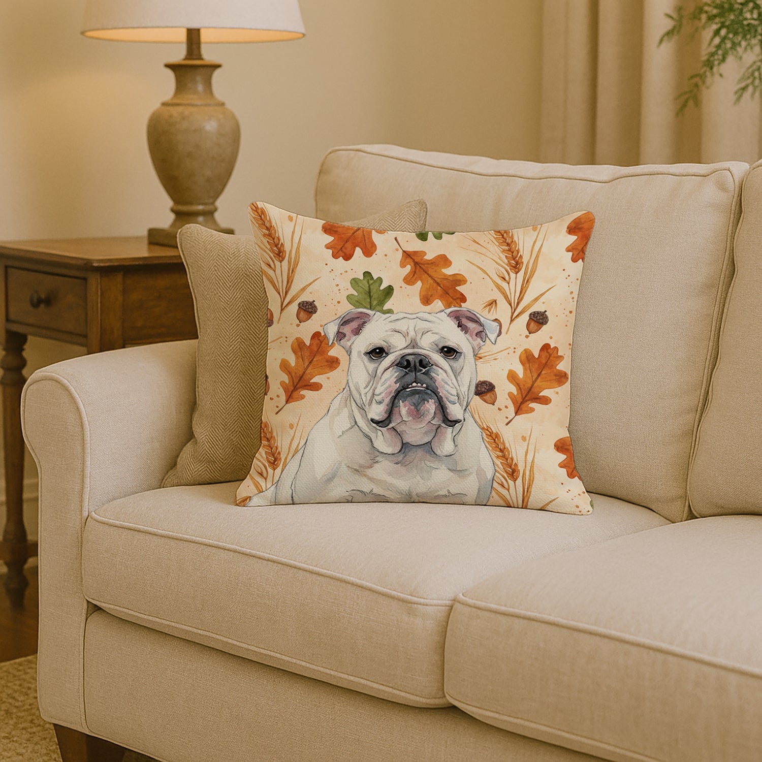 White English Bulldog Heirloom Fall Decorative Throw Pillow 14x14 Indoor Outdoor Accent Cushion, Fabric Cover with Insert for Sofa, Bed, Porch & Living Room