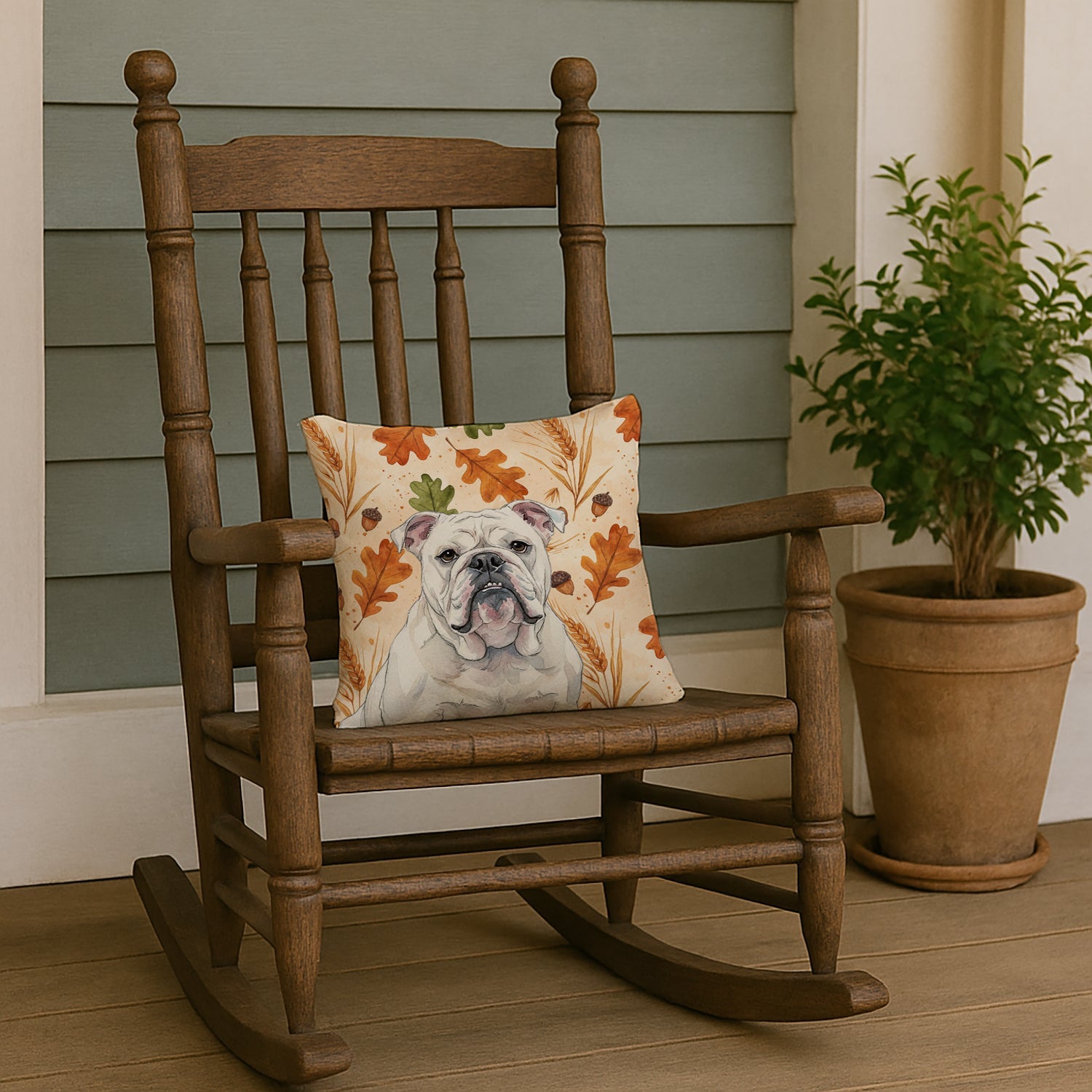 White English Bulldog Heirloom Fall Decorative Throw Pillow 14x14 Indoor Outdoor Accent Cushion, Fabric Cover with Insert for Sofa, Bed, Porch & Living Room