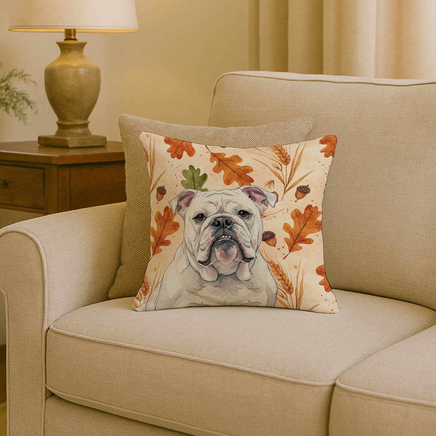White English Bulldog Heirloom Fall Decorative Throw Pillow 18x18 Indoor Outdoor Accent Cushion, Fabric Cover with Insert for Sofa, Bed, Porch & Living Room