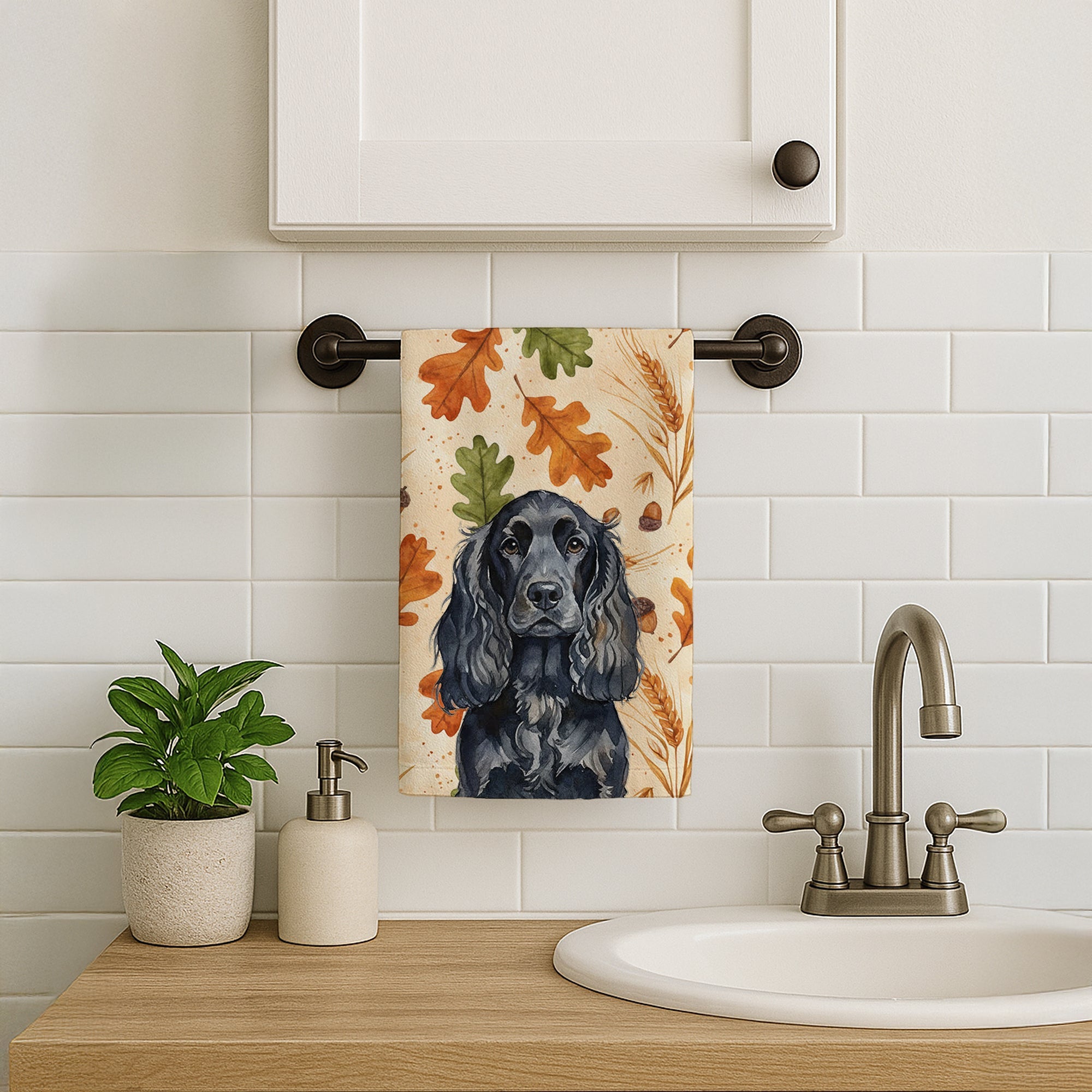Black English Cocker Spaniel Heirloom Fall Kitchen Towel Velour Plush Front and Cotton Loop Back Machine Washable