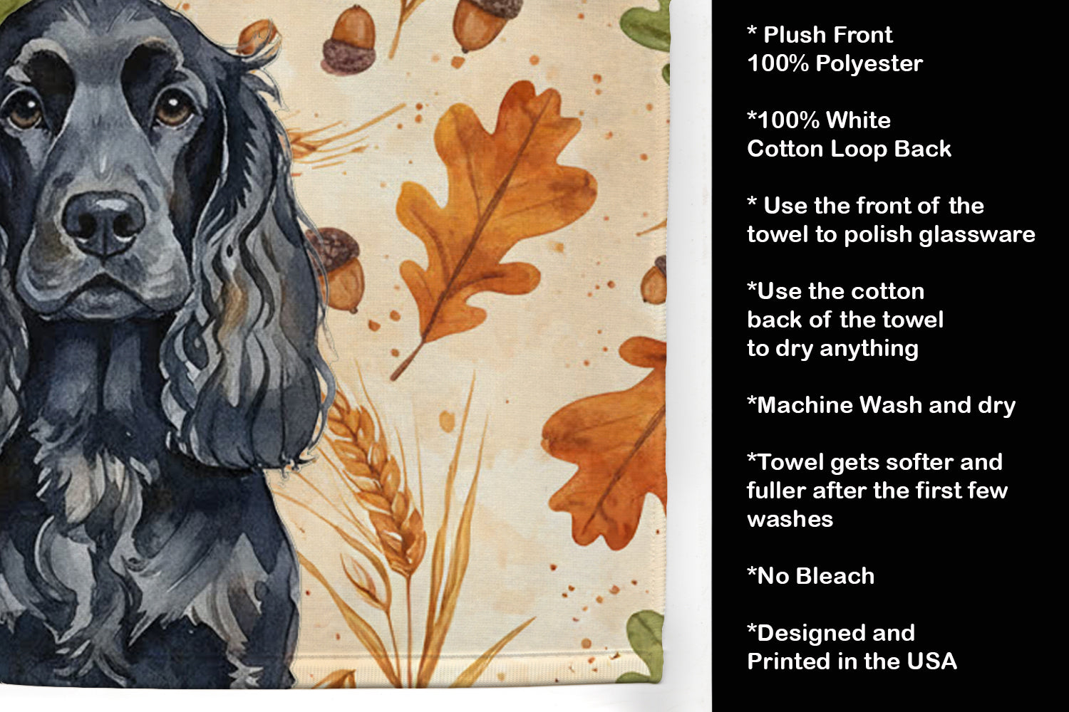 Black English Cocker Spaniel Heirloom Fall Kitchen Towel Velour Plush Front and Cotton Loop Back Machine Washable